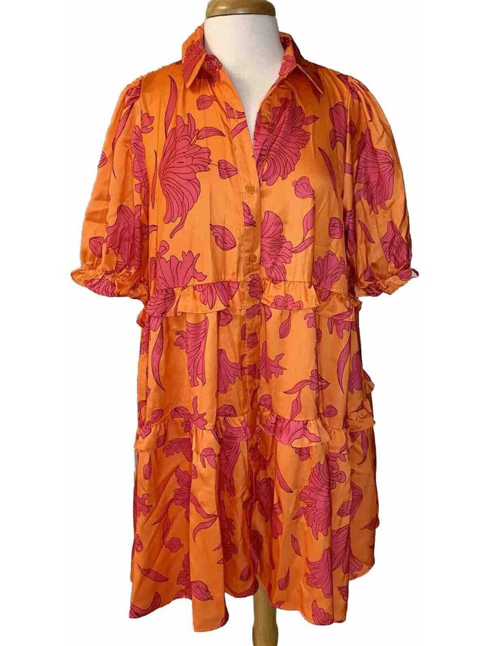 NWT Pink Floral Mini Dress Sz. 10 Orange Med Party Tiered Ruffle Bright YH & Co